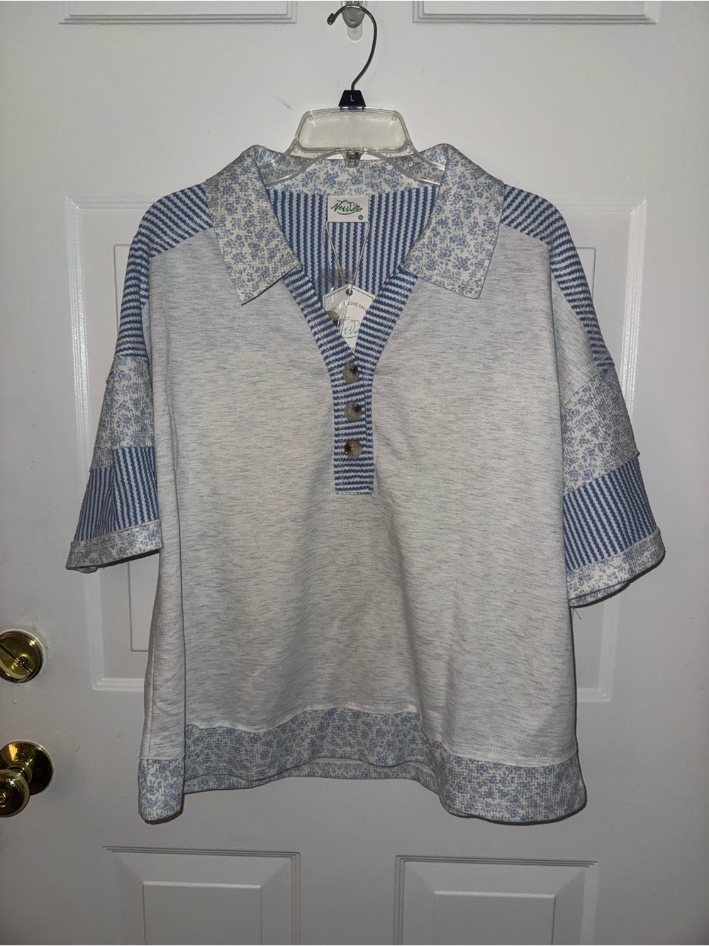 VERY J medium Casual Blue & White Patterned Polo Shirt